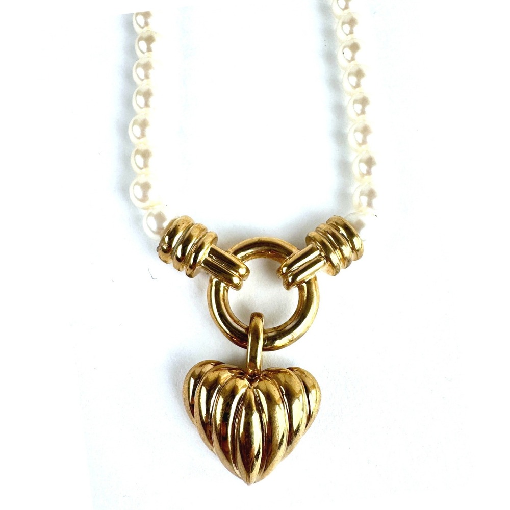 Faux Pearl Necklace Gold Heart Pendant Chunky Statement Toggle Clasp 16"